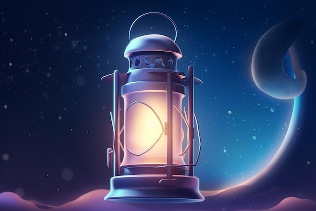 Uma ilustração dos desenhos animados de uma lanterna no deserto com o sol e a lua ao fundo