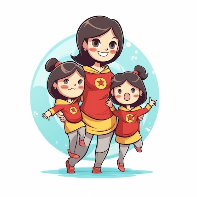 Uma ilustração dos desenhos animados de uma mãe e suas três filhas