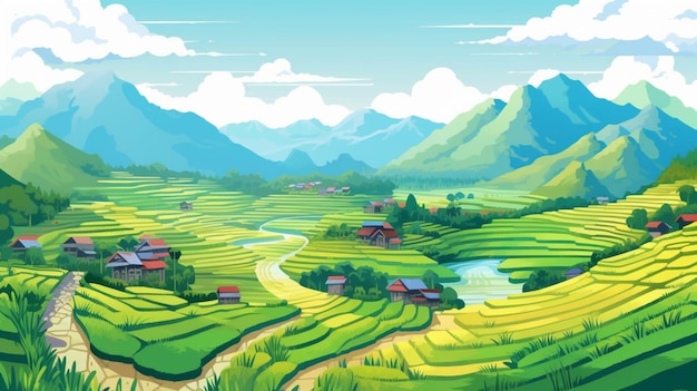 Uma ilustração dos desenhos animados de uma paisagem cênica com um rio e casas generativas ai