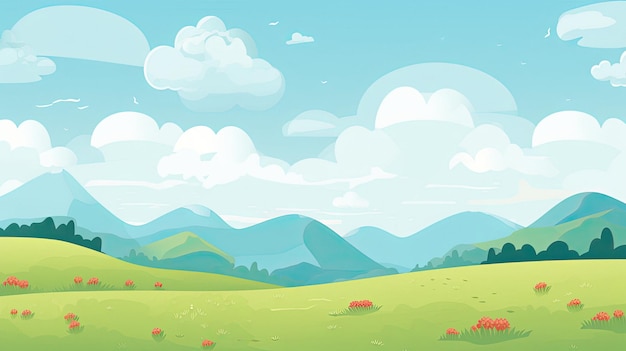 Uma ilustração dos desenhos animados de uma paisagem com montanhas e árvores.