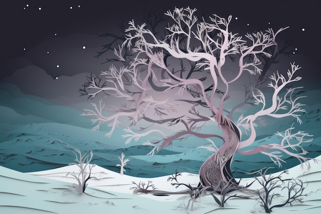 Uma ilustração dos desenhos animados de uma paisagem de neve com uma árvore no meio.