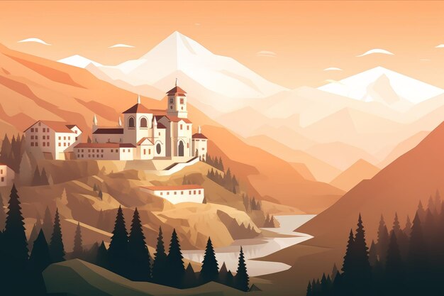 Uma ilustração dos desenhos animados de uma paisagem montanhosa com um castelo no topo.