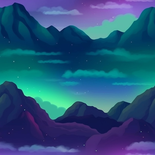 Uma ilustração dos desenhos animados de uma paisagem montanhosa com um céu verde e roxo ai generativo