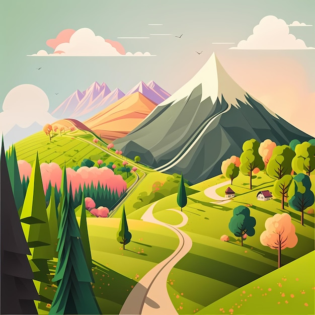 Uma ilustração dos desenhos animados de uma paisagem montanhosa com uma estrada que conduz às montanhas.