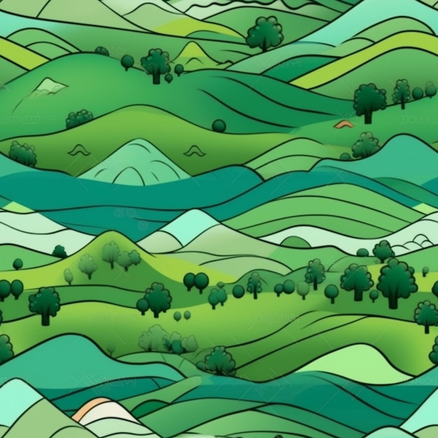 uma ilustração dos desenhos animados de uma paisagem montanhosa verde com árvores e colinas geradoras de IA