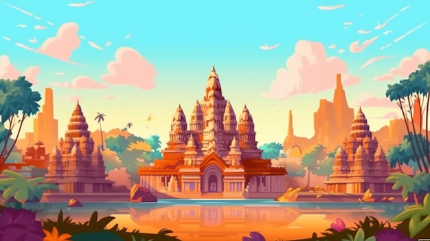 Uma ilustração dos desenhos animados de uma paisagem tropical com um templo e um rio gerador ai
