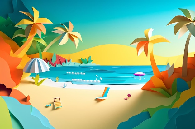 Uma ilustração dos desenhos animados de uma praia com palmeiras e uma cadeira de praia.