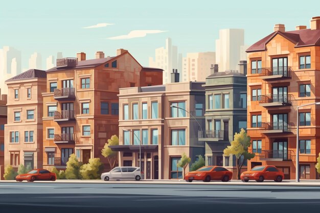 Uma ilustração dos desenhos animados de uma rua da cidade com muitos carros generativos ai