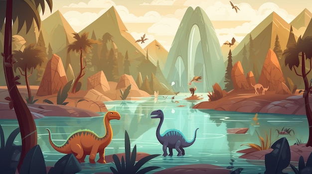 Uma ilustração dos desenhos animados dos dinossauros por uma montanha