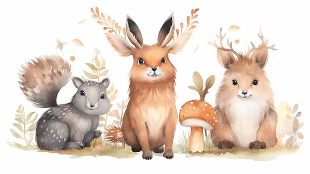 Uma ilustração em aquarela de animais da floresta.