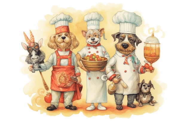 Uma ilustração em aquarela de cães e gatos