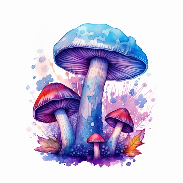 Uma ilustração em aquarela de cogumelos com uma tampa azul e uma tampa roxa.