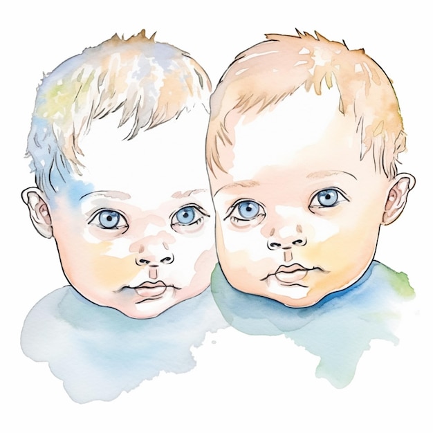 Uma ilustração em aquarela de dois bebês com olhos azuis.