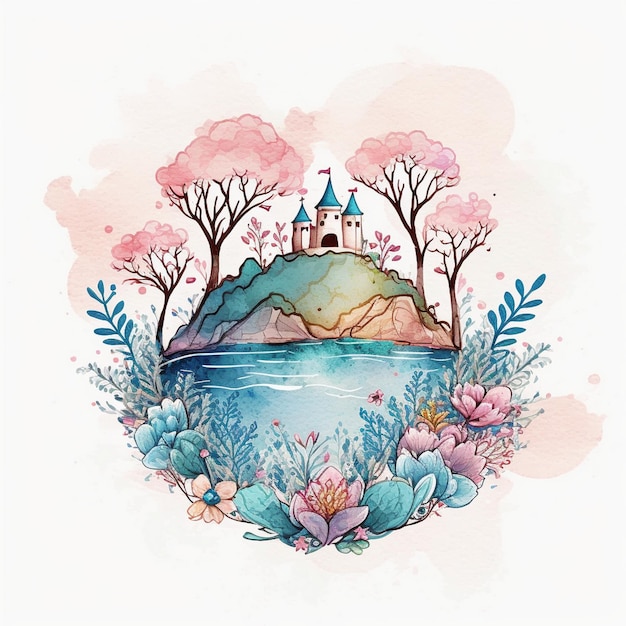 Uma ilustração em aquarela de um castelo em uma colina com flores e árvores.