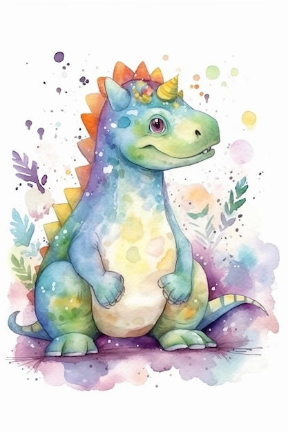 Uma ilustração em aquarela de um dinossauro com uma juba colorida do arco-íris.