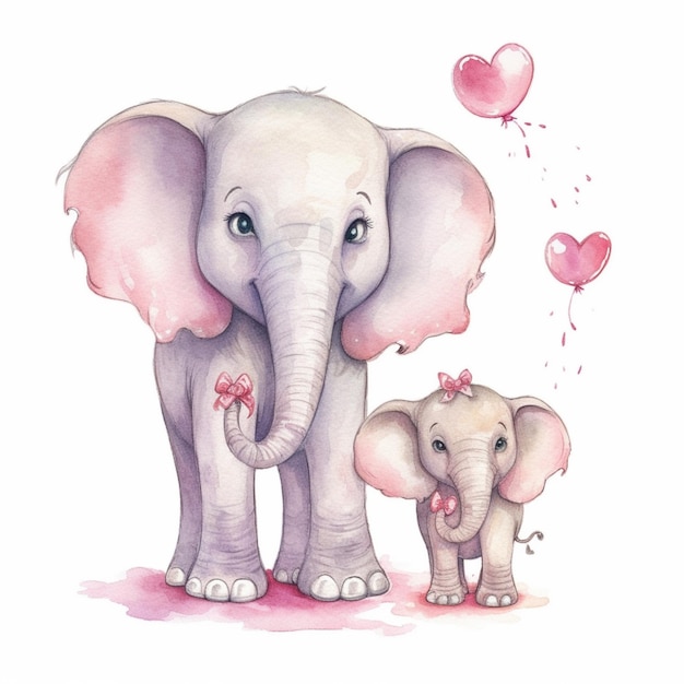 Uma ilustração em aquarela de um elefante bebê e um elefante bebê com um laço na cabeça.