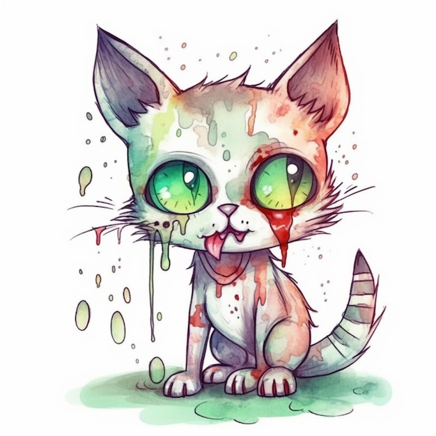 Uma ilustração em aquarela de um gato com sangue no rosto.
