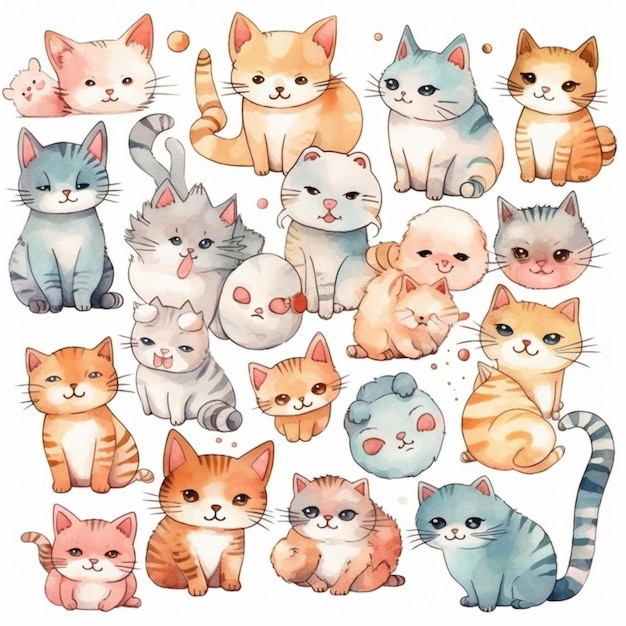 Uma ilustração em aquarela de um grupo de gatos.