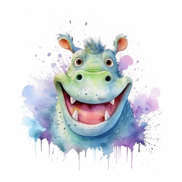 Uma ilustração em aquarela de um hipopótamo com um rosto azul.