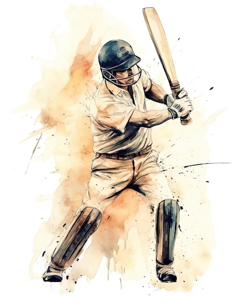 Uma ilustração em aquarela de um jogador de críquete.