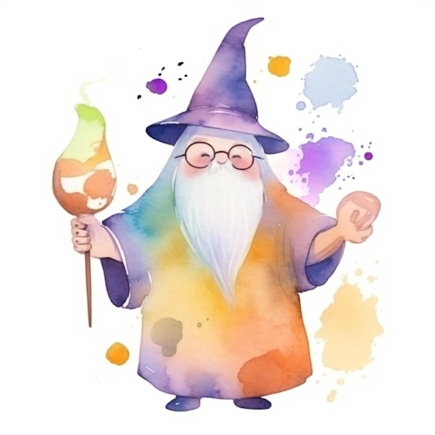 Uma ilustração em aquarela de um mago com um chapéu e uma varinha.