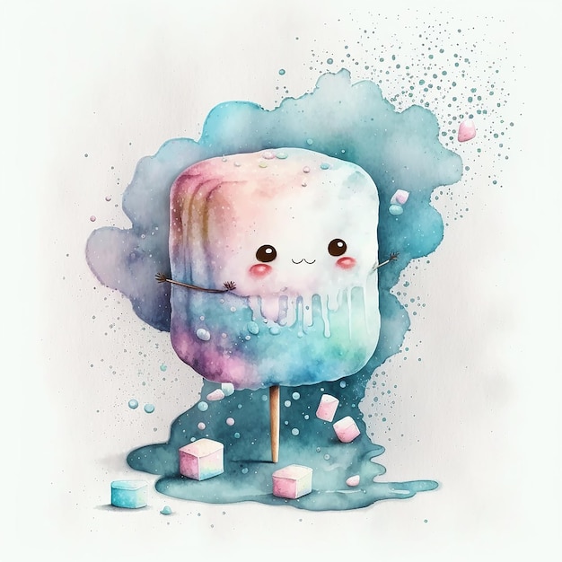 Foto uma ilustração em aquarela de um marshmallow em uma vara com um rosto.