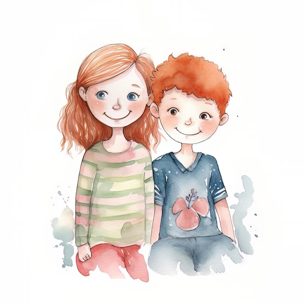 Uma ilustração em aquarela de um menino e uma menina.