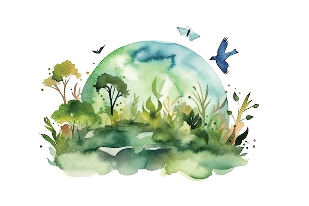 Uma ilustração em aquarela de um planeta verde com pássaros.