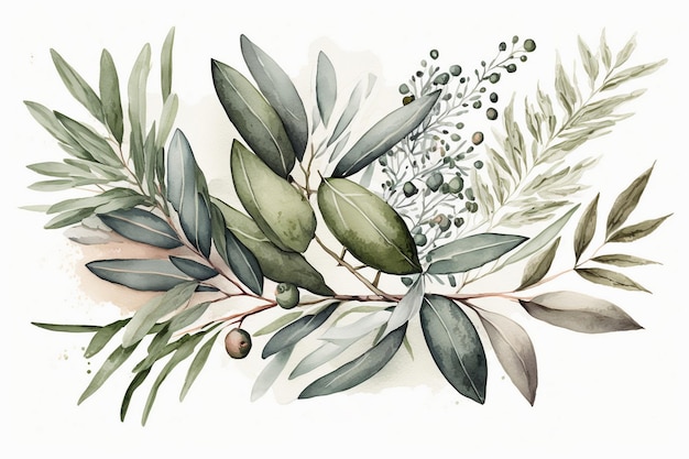 Uma ilustração em aquarela de um ramo de oliveira com azeitonas e bagas.