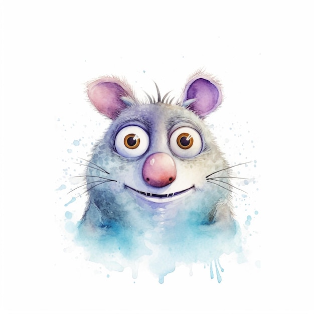Uma ilustração em aquarela de um rato com nariz azul e nariz marrom.