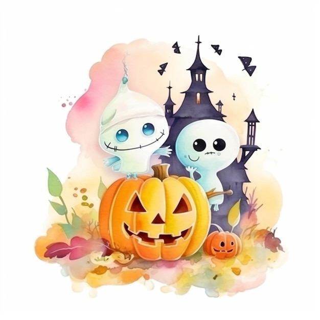 Uma ilustração em aquarela de uma abóbora de halloween e um fantasma.