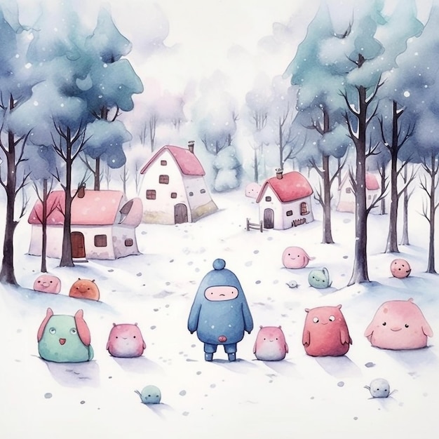 Uma ilustração em aquarela de uma cena de neve com um porco no meio e uma pequena vila ao fundo.