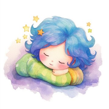 Uma ilustração em aquarela de uma garota com cabelo azul e uma