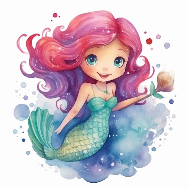 Uma ilustração em aquarela de uma sereia com cabelo rosa e uma cauda verde.