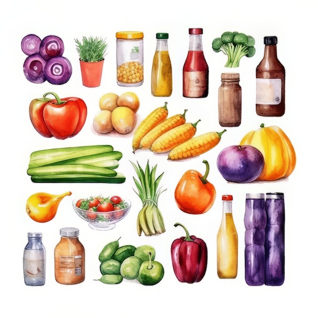 Uma ilustração em aquarela de vários alimentos, incluindo ketchup, ketchup e outros alimentos.