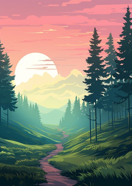 uma ilustração em estilo cartoon de uma paisagem montanhosa com um fluxo de IA generativo