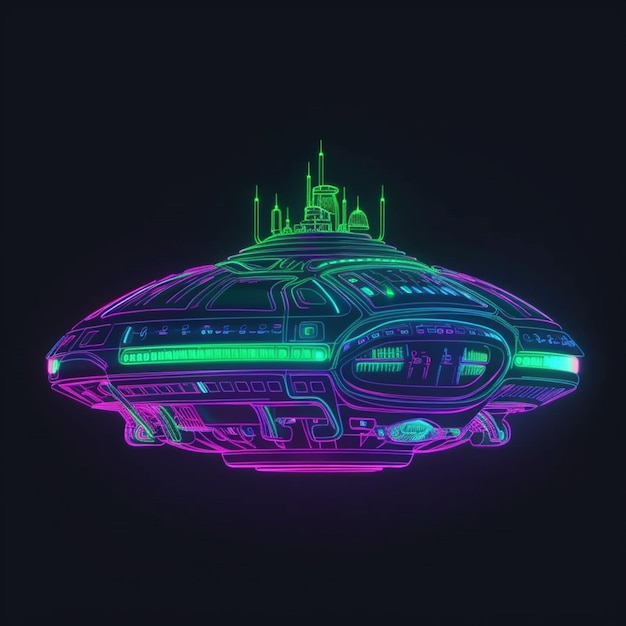 Uma ilustração em neon de uma nave espacial com o número 7 nela.