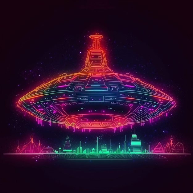 Uma ilustração em neon de uma nave espacial com uma cidade ao fundo.