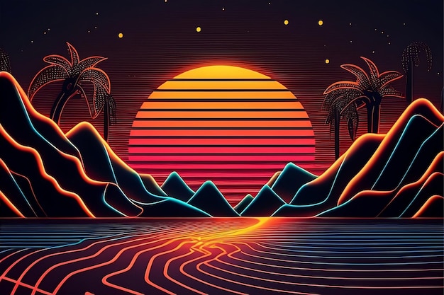 Uma ilustração em neon de uma onda e montanhas com o sol por trás