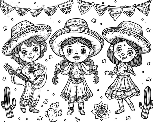 uma ilustração em preto e branco de três meninas em trajes mexicanos