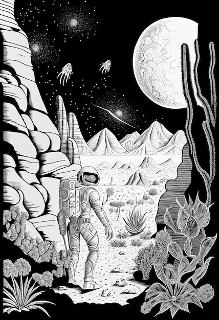 Uma ilustração em preto e branco de um astronauta andando na lua AI Generative
