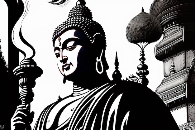 Uma ilustração em preto e branco de um Buda com uma estátua ao fundo.