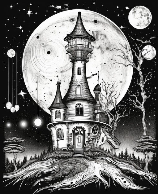 Uma ilustração em preto e branco de um castelo com uma lua ao fundo.