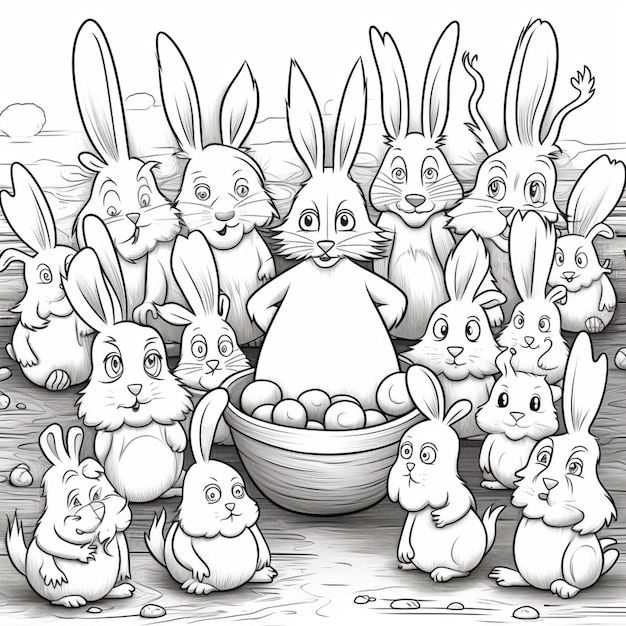 Uma ilustração em preto e branco de um grupo de coelhos com um deles com um monte de ovos.