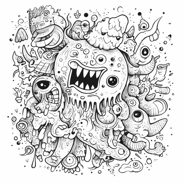 Uma ilustração em preto e branco de um monstro com cara de monstro e um monstro com uma boca grande.