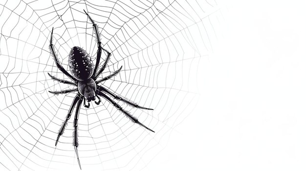 Uma ilustração em preto e branco de uma aranha sentada em sua teia A aranha está no centro da teia e é cercada por uma teia simétrica