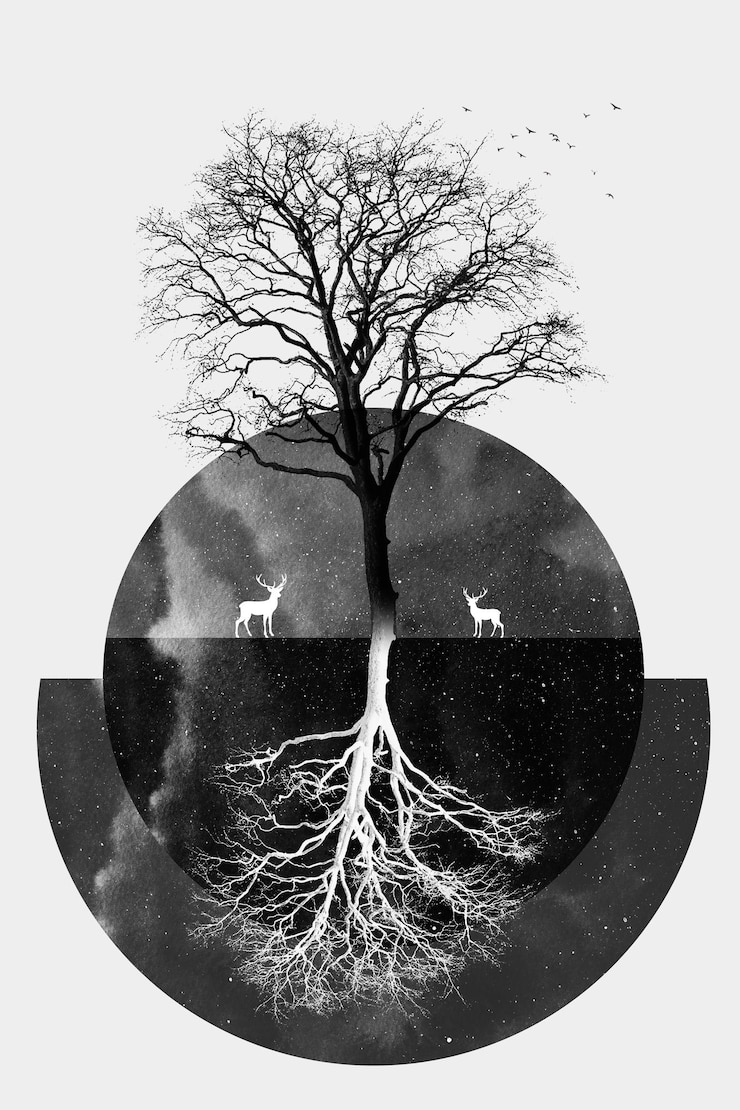 Foto uma ilustração em preto e branco de uma árvore com cervos no topo.