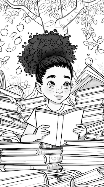Foto uma ilustração em preto e branco de uma menina lendo um livro