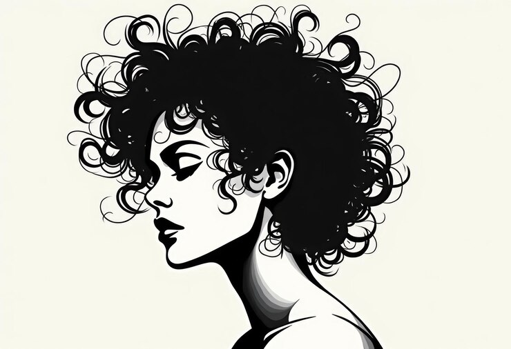 Foto uma ilustração em preto e branco de uma mulher com cabelos encaracolados olhando para baixo e para o lado