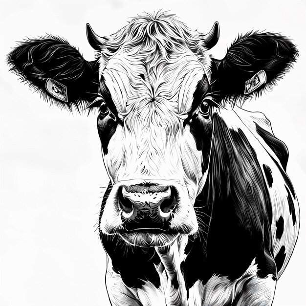Uma ilustração em preto e branco de uma vaca com orelhas grandes e pontiagudas e um nariz proeminente